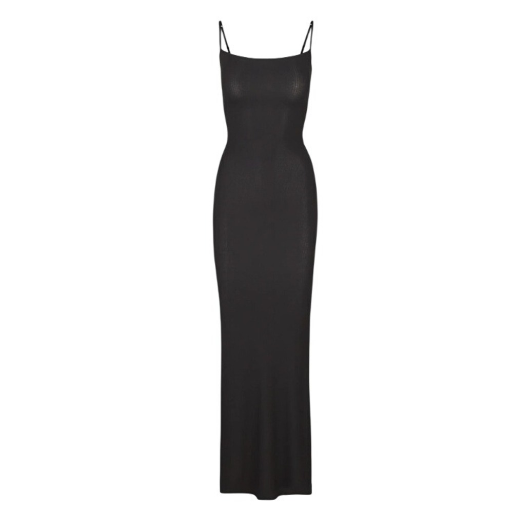Skims Soft Lounge Long Slip Dress Onyx Black Ribbed Maxi AP-DRS-0596 Large